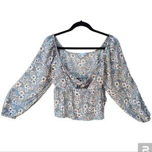 Patrons of Peace Tie Front Long Bishop Sleeve Crop Top Womans XS Floral  Boho